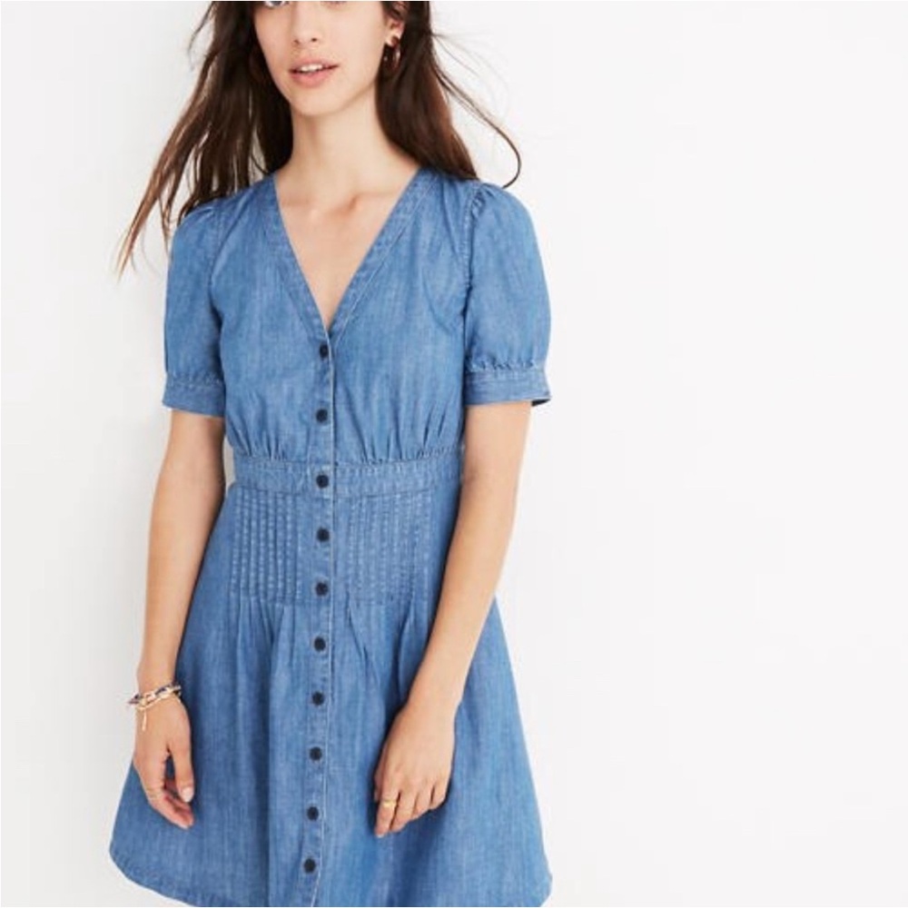 Madewell Blue Puff Sleeve V-Neck Midi Dress